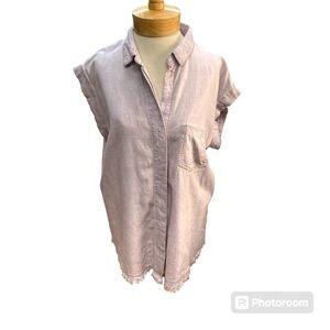 Umgee Button Up Medium Short Sleeve Top Frayed Hem Line Linen Blend Mauve Lagen